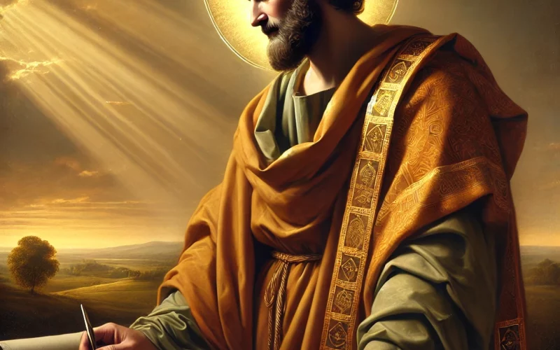 DALL·E 2025-01-08 14.58.50 - A detailed painting of Saint Thomas, depicted as a humble and contemplative figure, wearing traditional robes of earthy tones with a sash of gold, sym