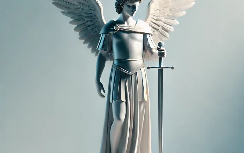 DALL·E 2025-01-08 15.17.14 - A simple and serene depiction of Saint Michael the Archangel, shown standing in a calm and upright pose. He wears modest silver armor with minimal dec